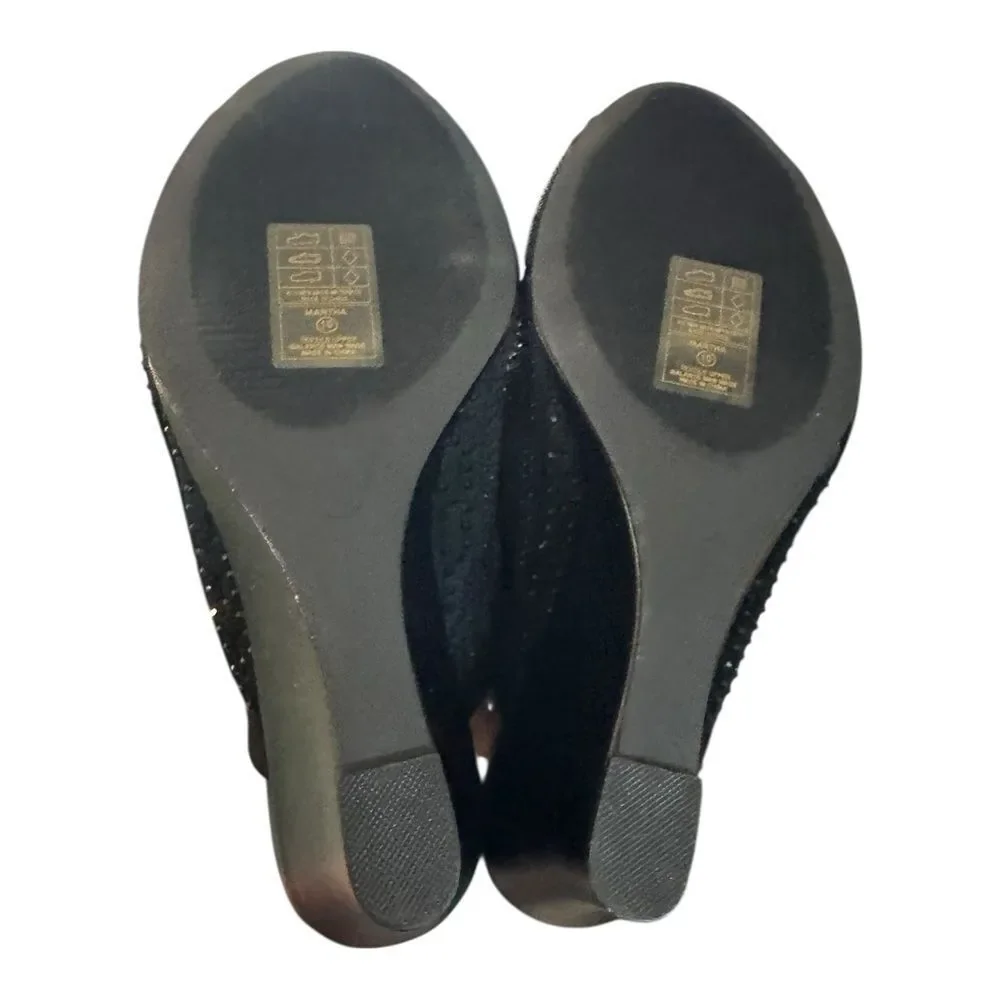 New Lauren Lorraine Martha Women’s Black Rhinestone Embellished Wedge Sandals 10